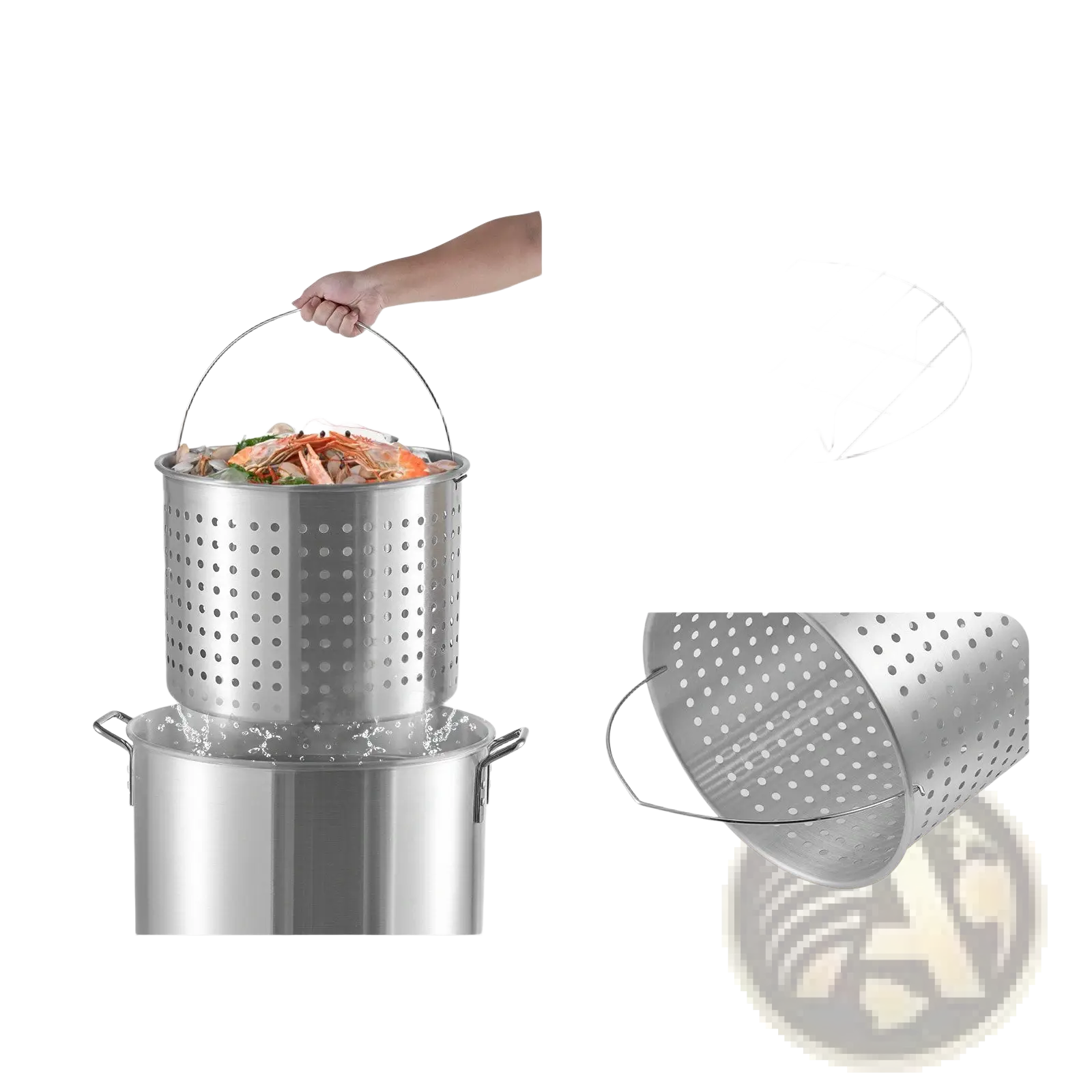 Silver perforated aluminum seafood boiling kit basket with handle for easy steaming and fast soup drainage 80 qt pot