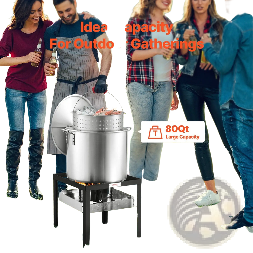 80-quart stainless steel seafood boiling kit with perforated inner basket for outdoor crawfish cooking