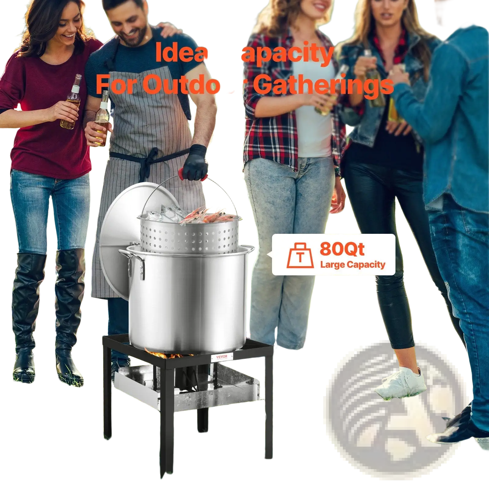 80-quart stainless steel seafood boiling kit with perforated inner basket for outdoor crawfish cooking