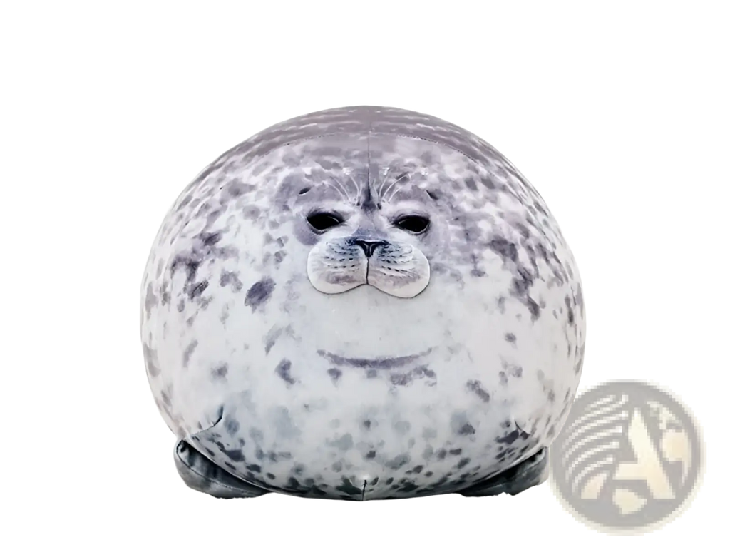 A plush round seal toy with gray and white spotted pattern and embroidered facial details soft animal pillow