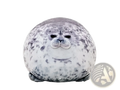 A plush round seal toy with gray and white spotted pattern and embroidered facial details soft animal pillow