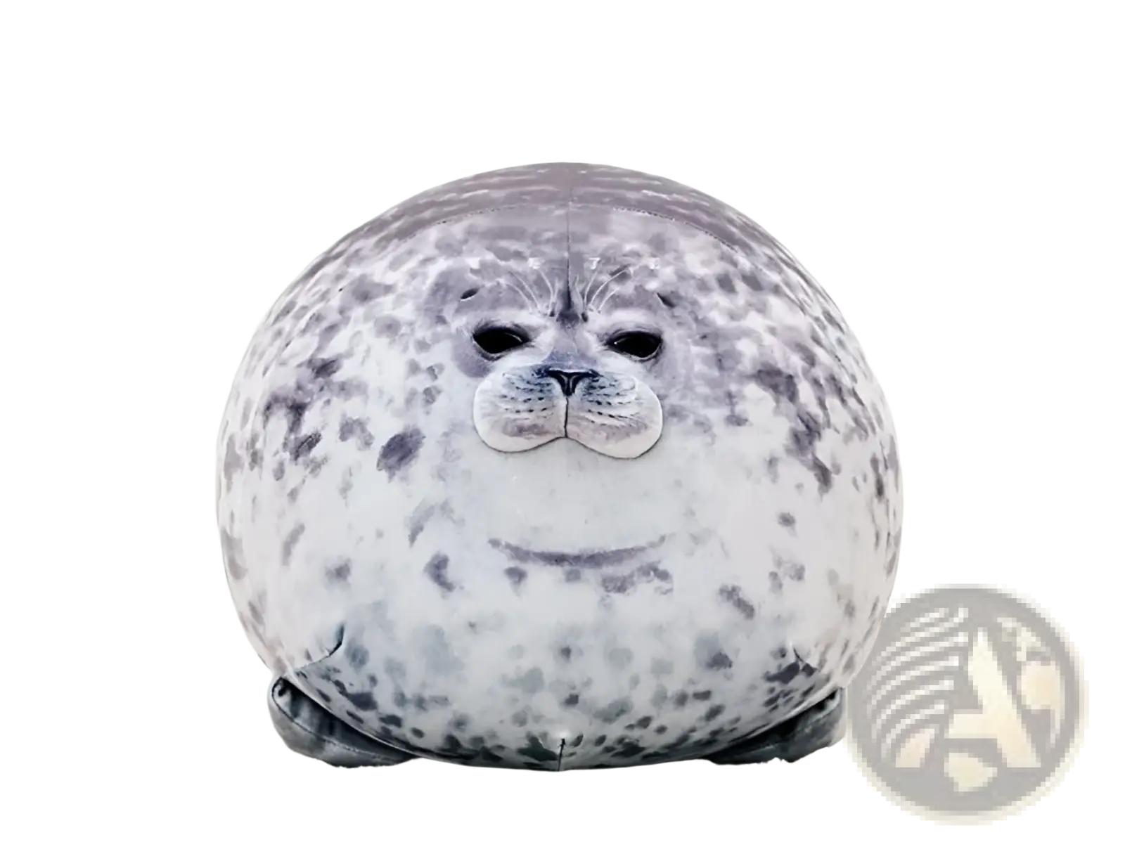 A plush round seal toy with gray and white spotted pattern and embroidered facial details soft animal pillow