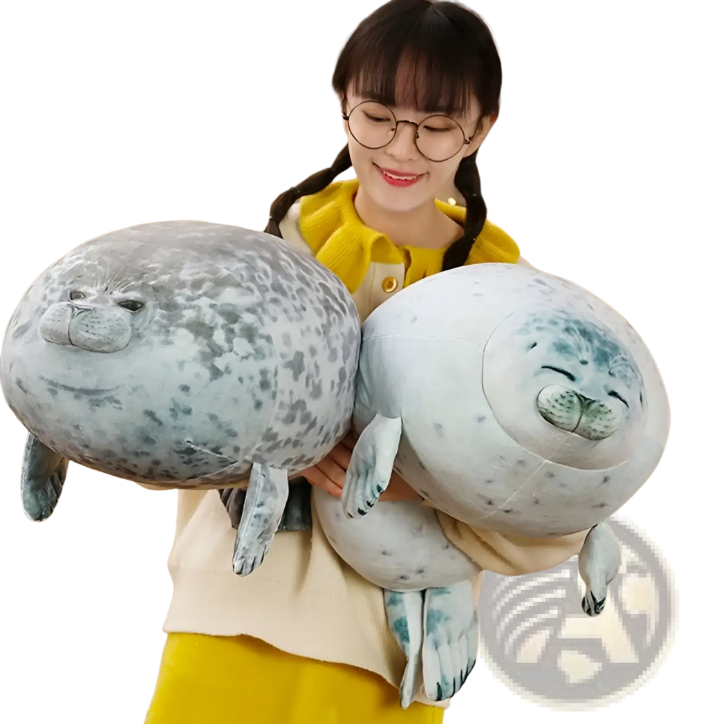 Seal plush toy large with gray and white spotted soft fabric fur and embroidered facial features for cuddling
