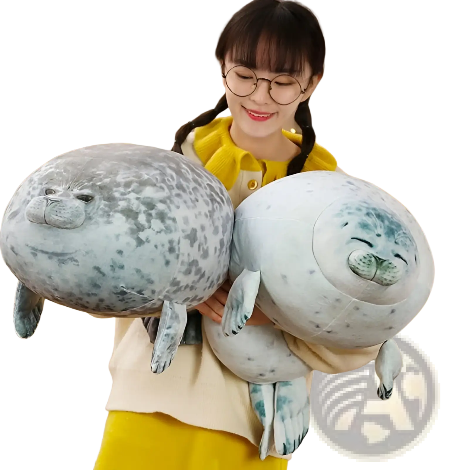 Seal plush toy large with gray and white spotted soft fabric fur and embroidered facial features for cuddling