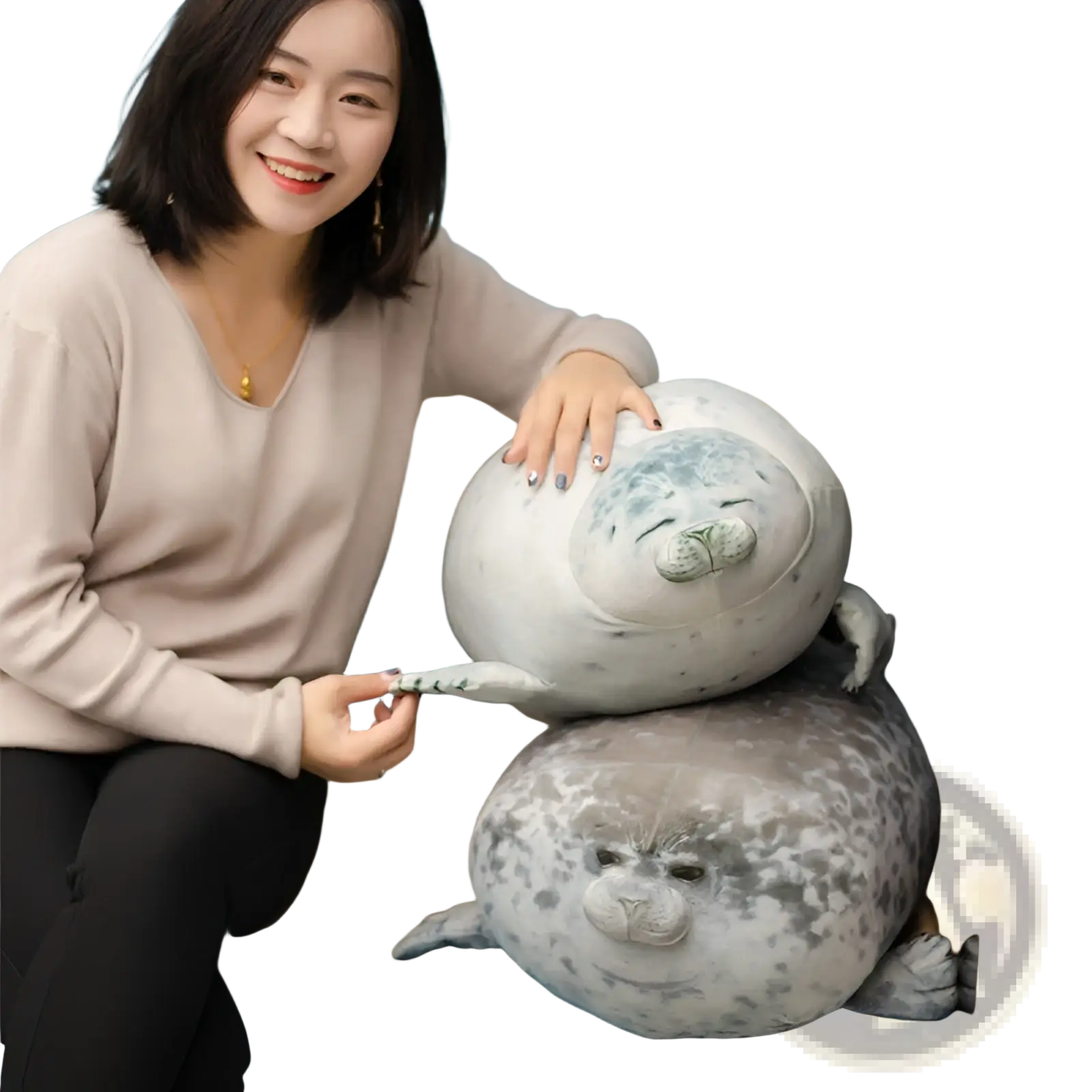 Seal plush toy large spotted soft animal pillow with round body and friendly face in white and gray speckled fabric