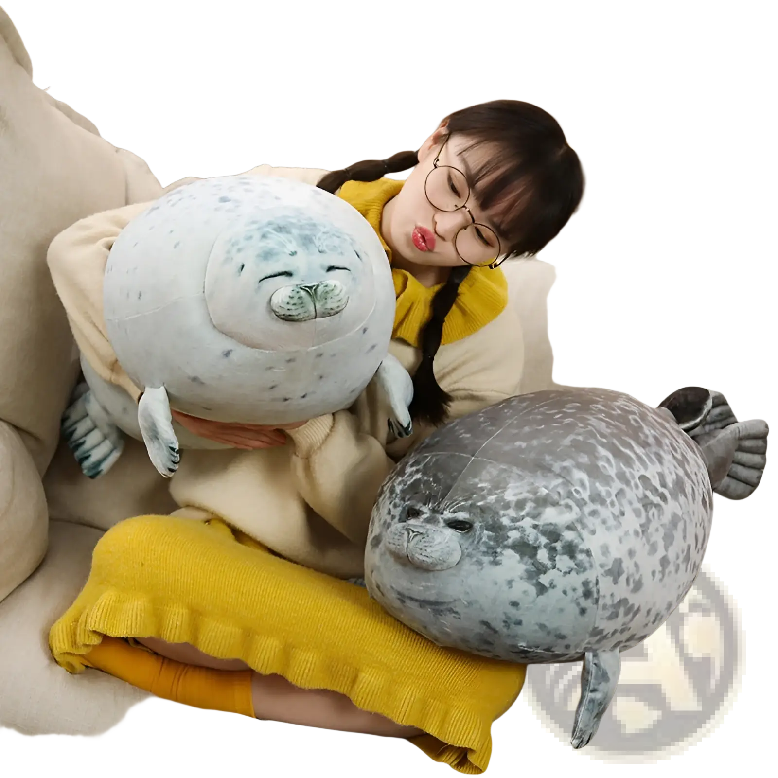 Soft gray and white spotted seal plush toy with closed eyes and flippers, large soft animal pillow