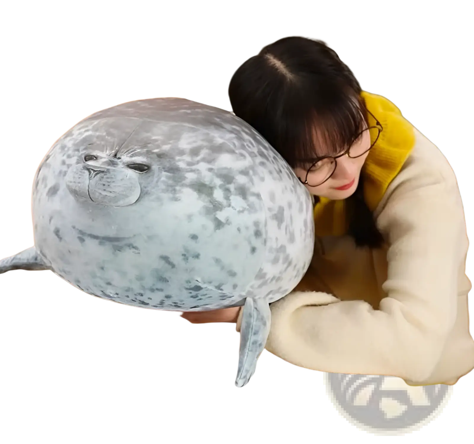 A large spotted seal plush toy with a soft gray and white speckled pattern for use as an animal pillow
