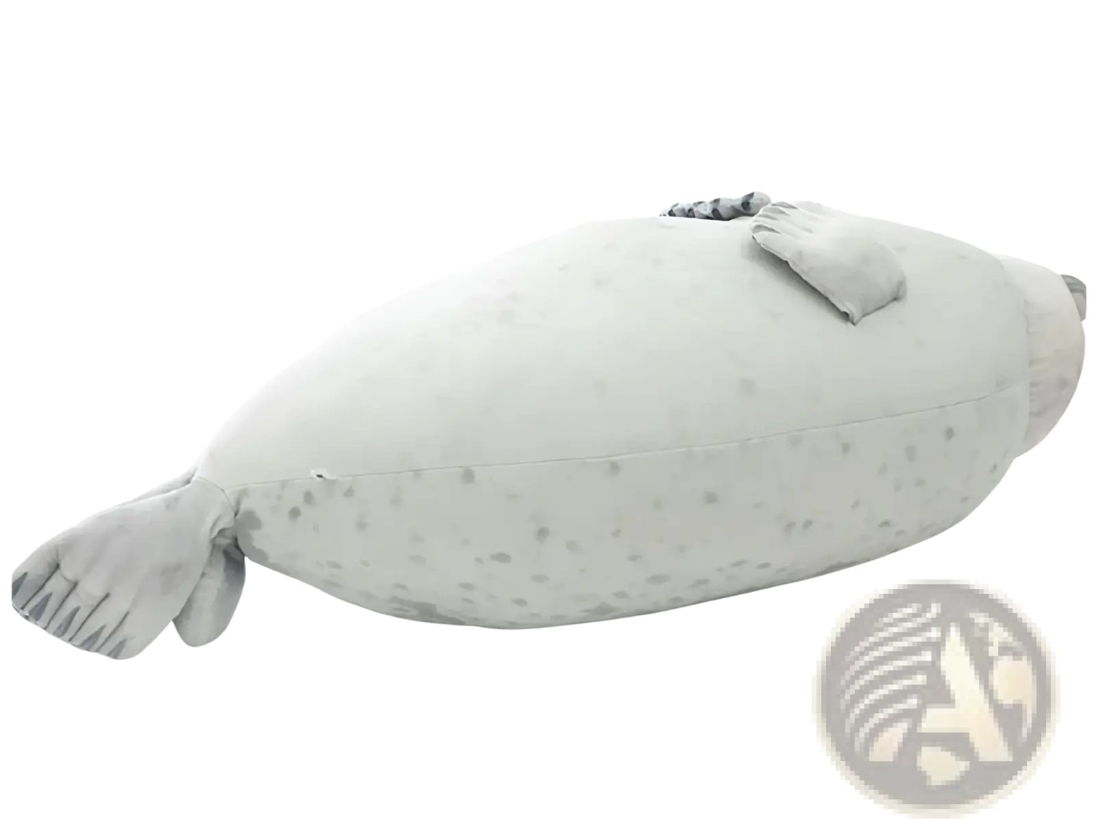 A large seal plush toy with a soft light gray spotted body and detailed fabric flippers for cuddling