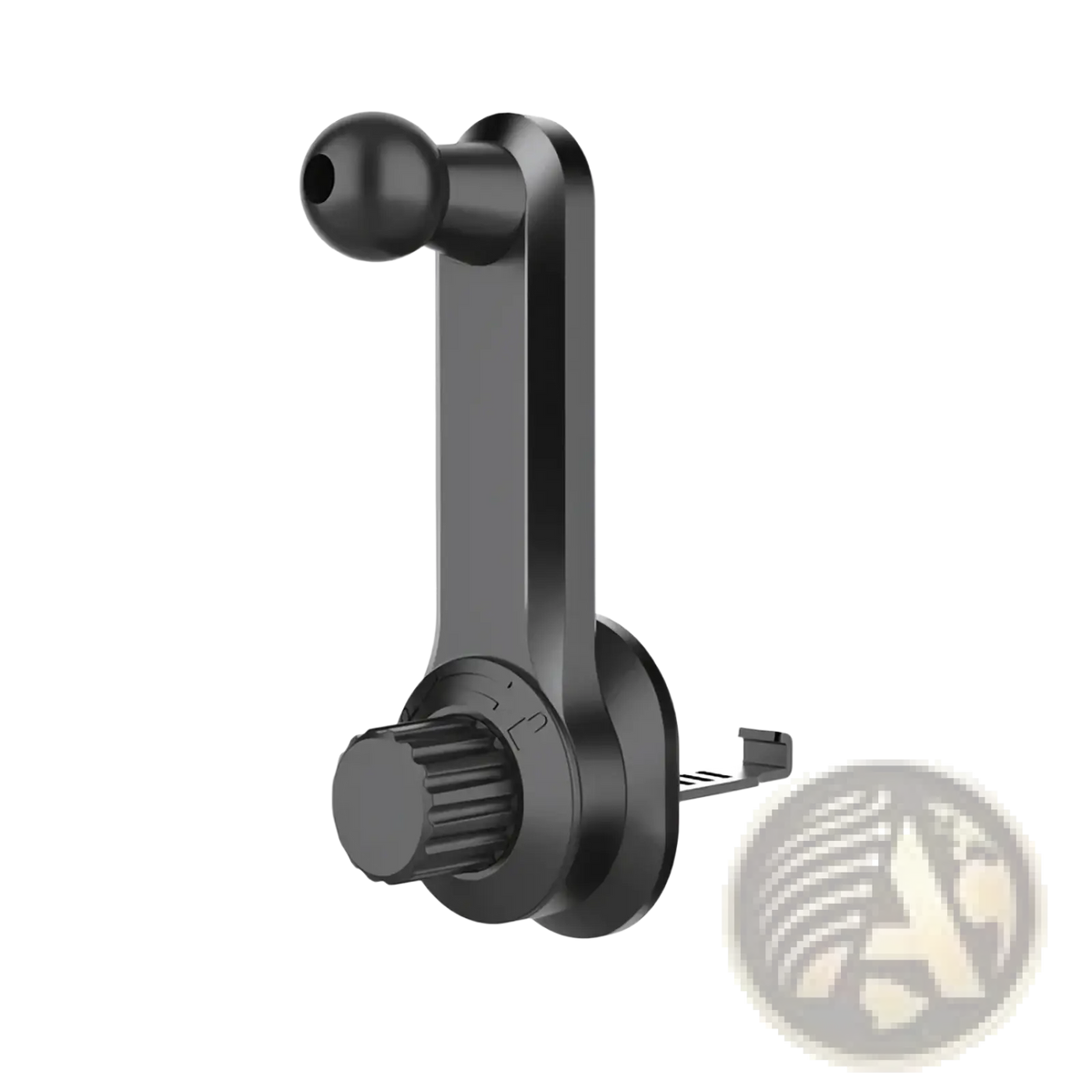 Black universal seamless car air vent phone holder mount with adjustable ball joint and textured grip knob backside view