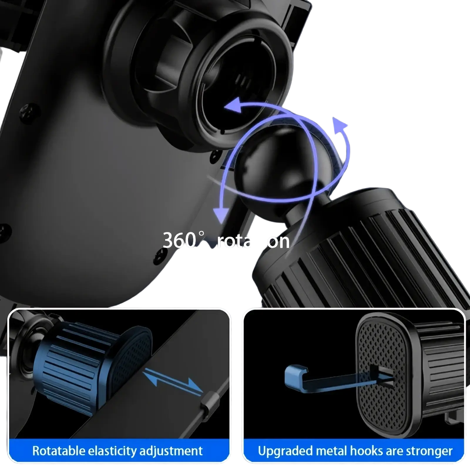 Black Seametal car air vent phone holder mount hook with 360-degree rotation adjustable elasticity and metal hooks
