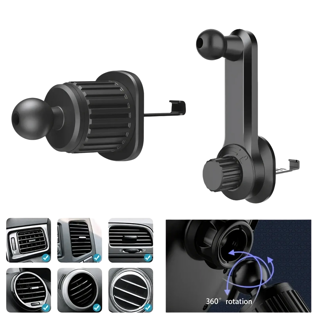 Seametal black car air vent phone holder mount with metal adjustable clamp and 360-degree rotating ball joint