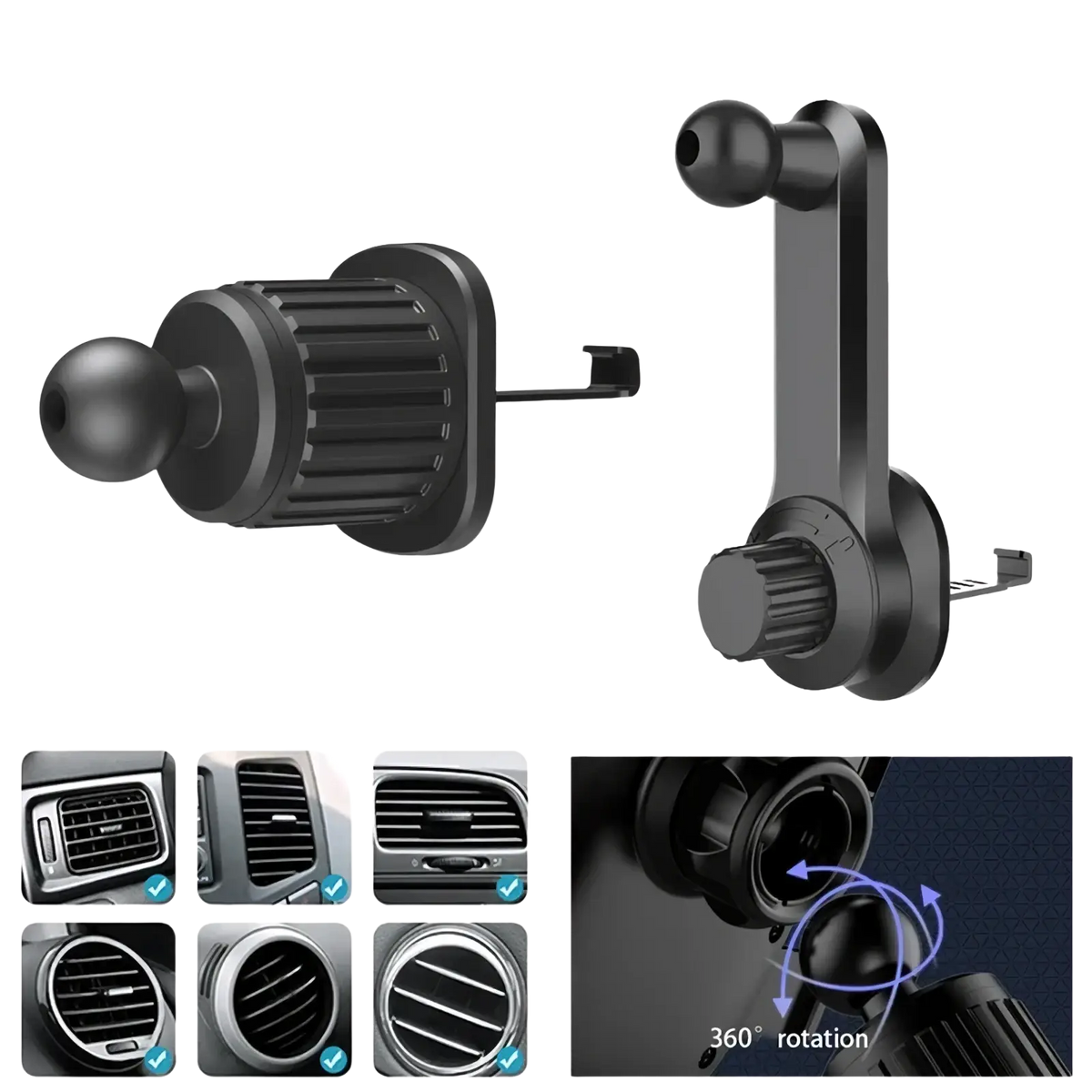Seametal black car air vent phone holder mount with metal adjustable clamp and 360-degree rotating ball joint