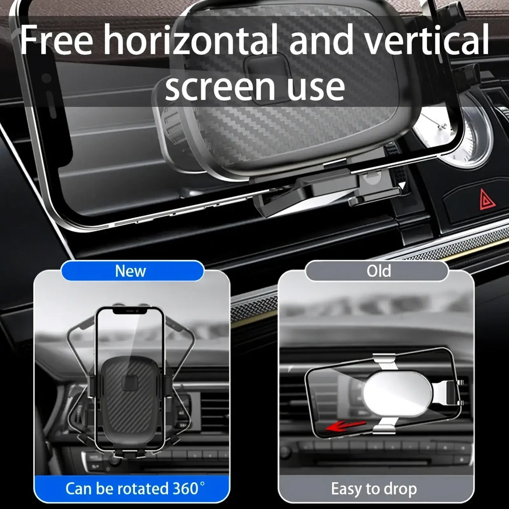 Black carbon fiber-textured seametal car air vent phone holder mount hook with 360-degree rotation capability
