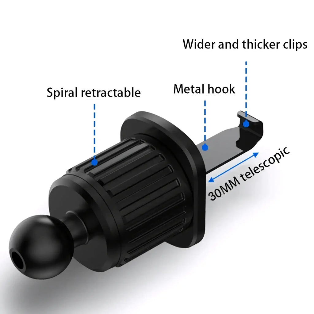 Black plastic Seametal car air vent phone holder mount with spiral retractable mechanism and 30mm telescopic metal hook
