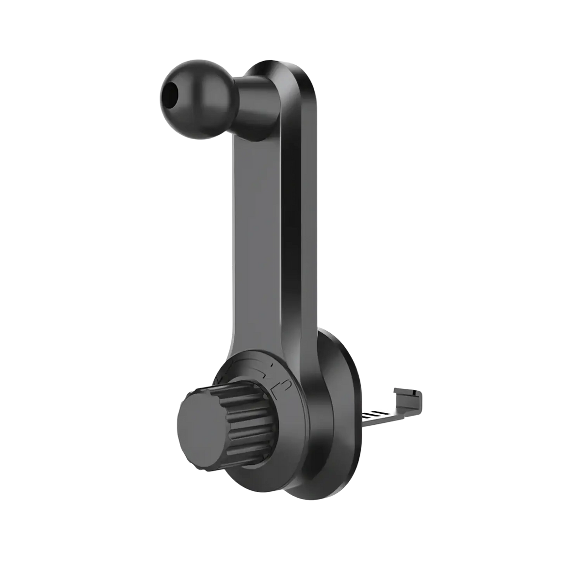 Black universal seamless car air vent phone holder mount with adjustable ball joint and textured grip knob backside view