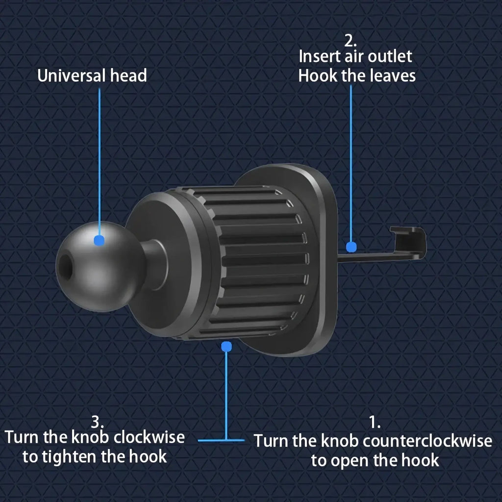 Black Seametal car air vent phone holder mount hook with spherical knob and ribbed body, shown from the back side