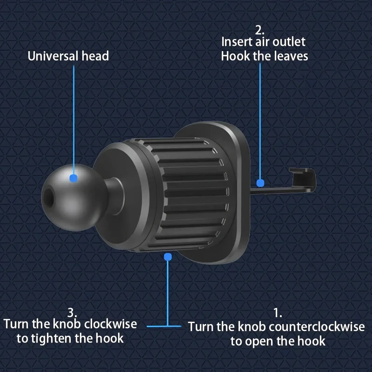 Black Seametal car air vent phone holder mount hook with spherical knob and ribbed body, shown from the back side