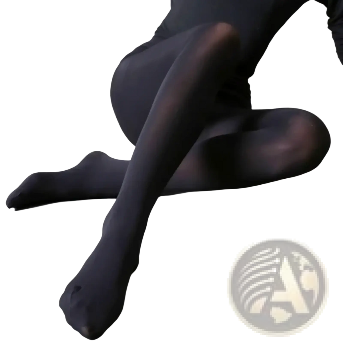 Seamless black high waist opaque tights worn by a person kneeling showcasing warm hosiery design