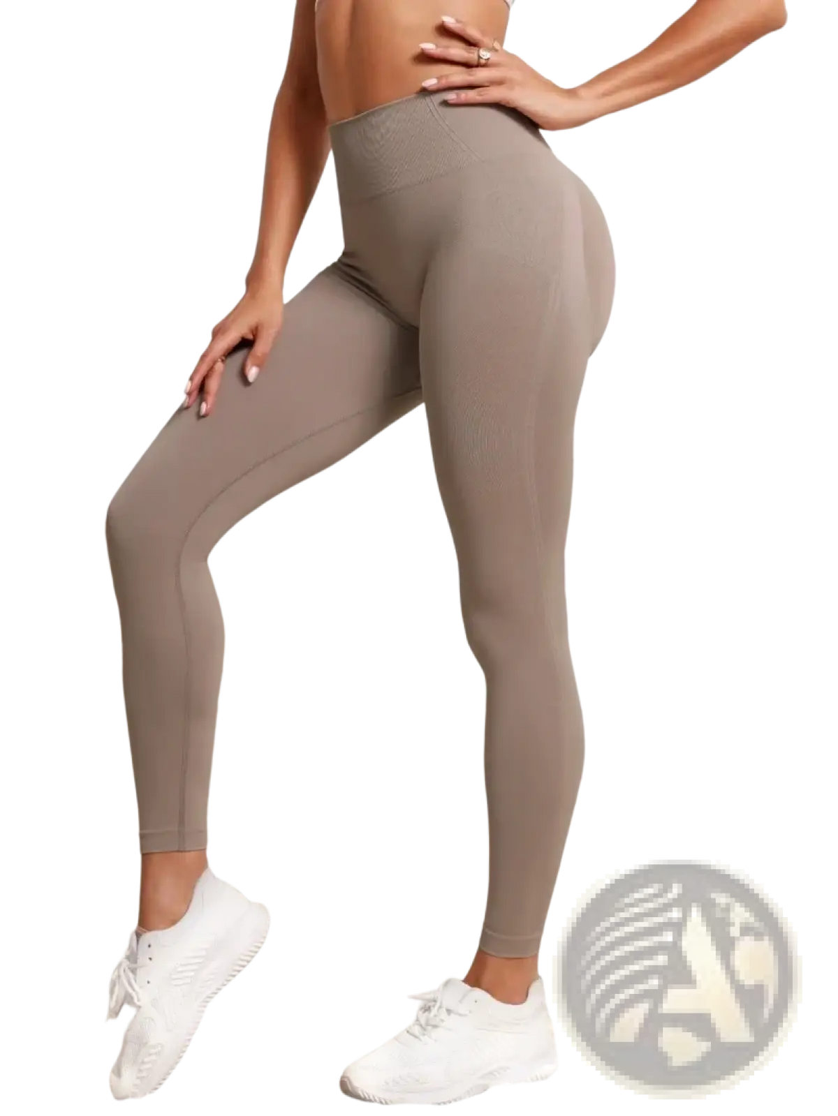 Seamless high waist butt lifting leggings in tan with ribbed texture and seamless design shown from the back side