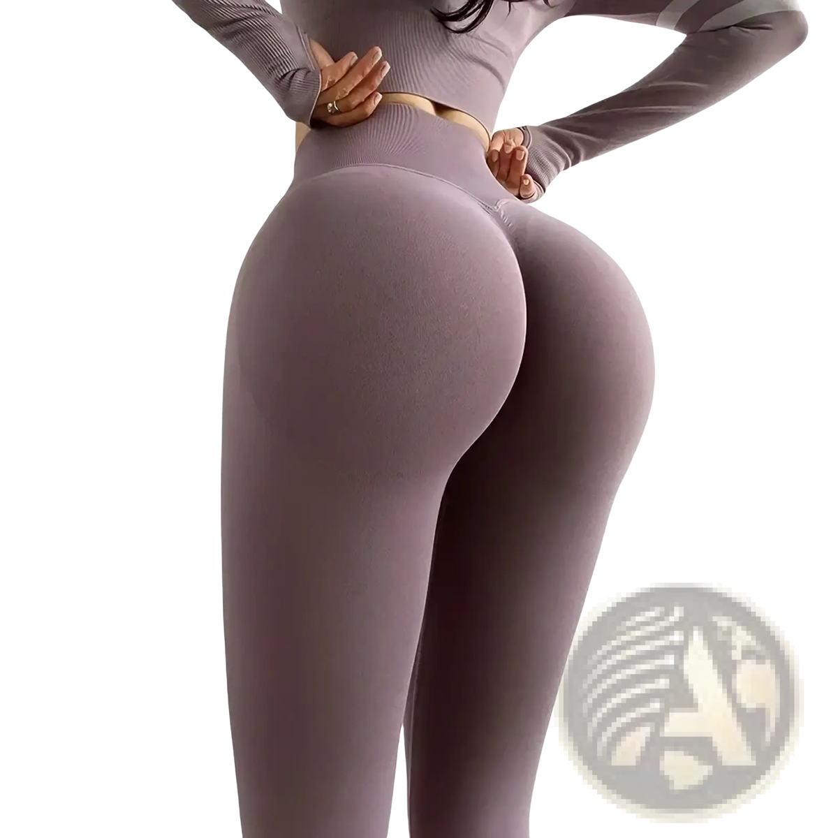 A pair of seamless high waist fitness leggings in lavender made from stretchy fabric and form-fitting design