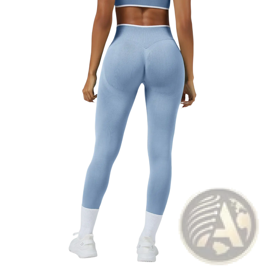 Seamless high waist sports yoga leggings in light blue with ribbed texture and white trim at the waistband
