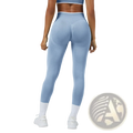 Seamless high waist sports yoga leggings in light blue with ribbed texture and white trim at the waistband