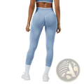 Seamless high waist sports yoga leggings in light blue ribbed fabric with white trim at the waistband