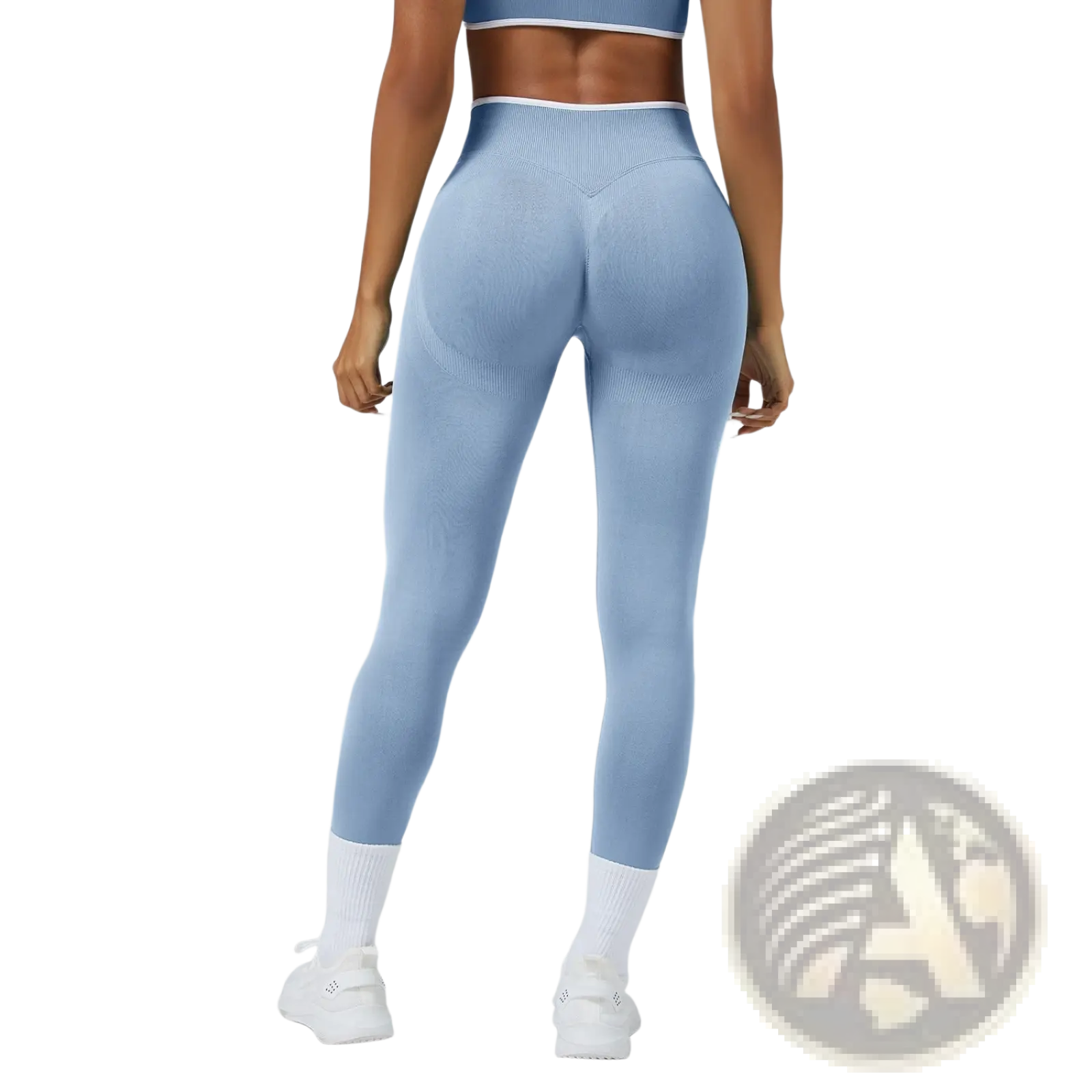 Seamless high waist sports yoga leggings in light blue ribbed fabric with white trim at the waistband