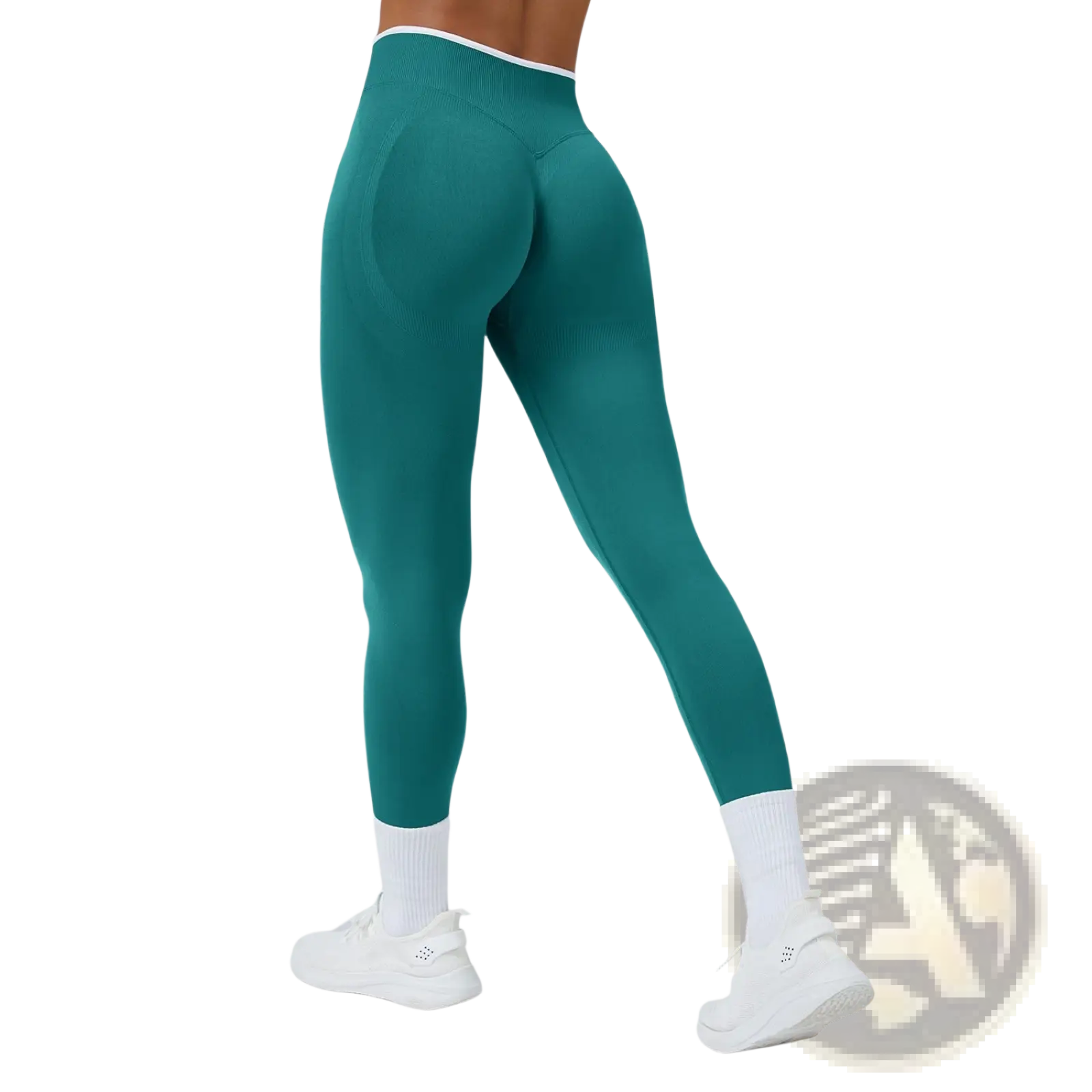 Seamless high waist sports yoga leggings in teal with ribbed texture and white trim at the waistband