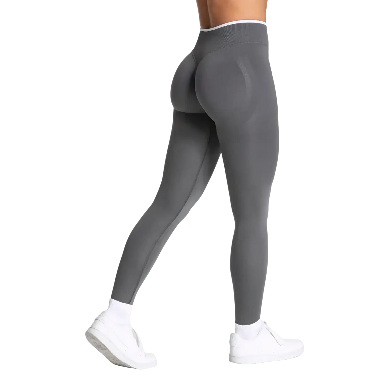 Seamless high waist workout leggings in gray with a smooth form fitting design and white trim at the waistband