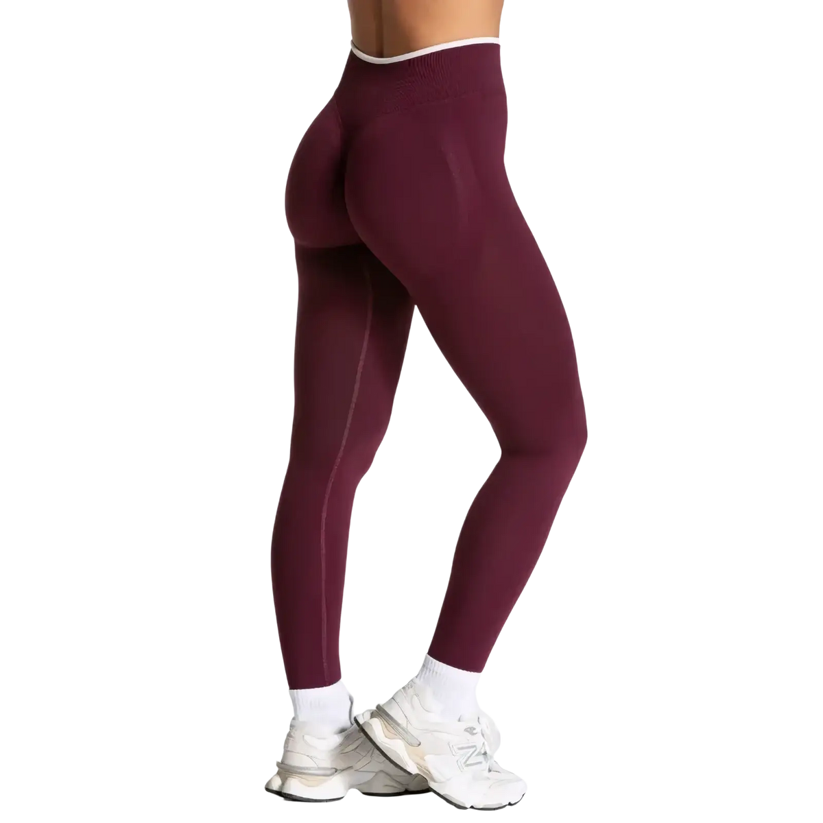 Seamless maroon high waist workout leggings with white trim at the waistband made from stretch material