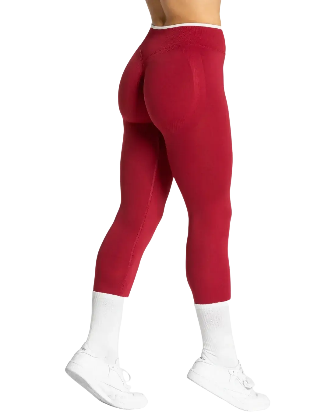Seamless high waist red leggings with white waistband designed for comfortable workout performance
