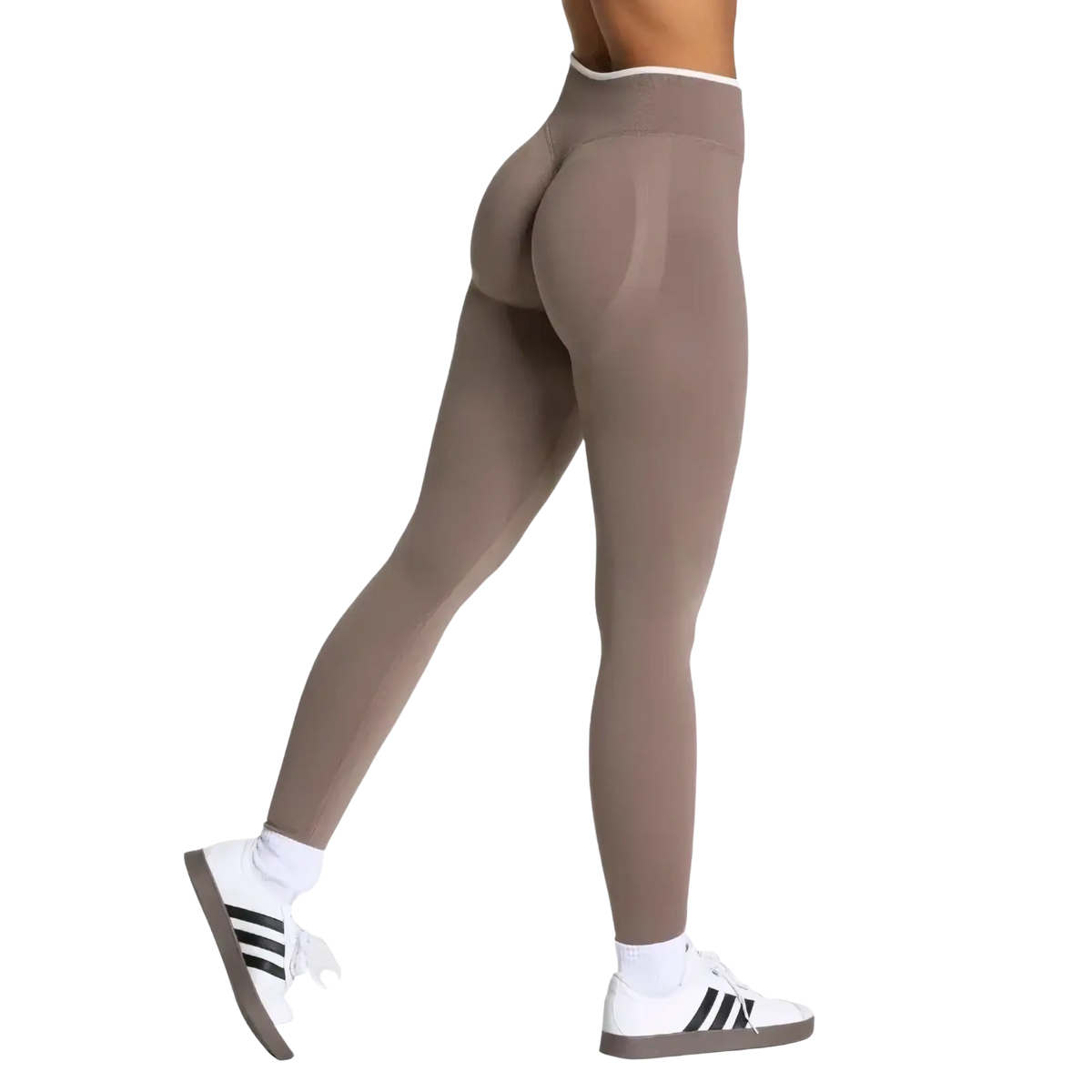 Seamless high waist workout leggings in tan with smooth stretch fabric and white trim at the waistband