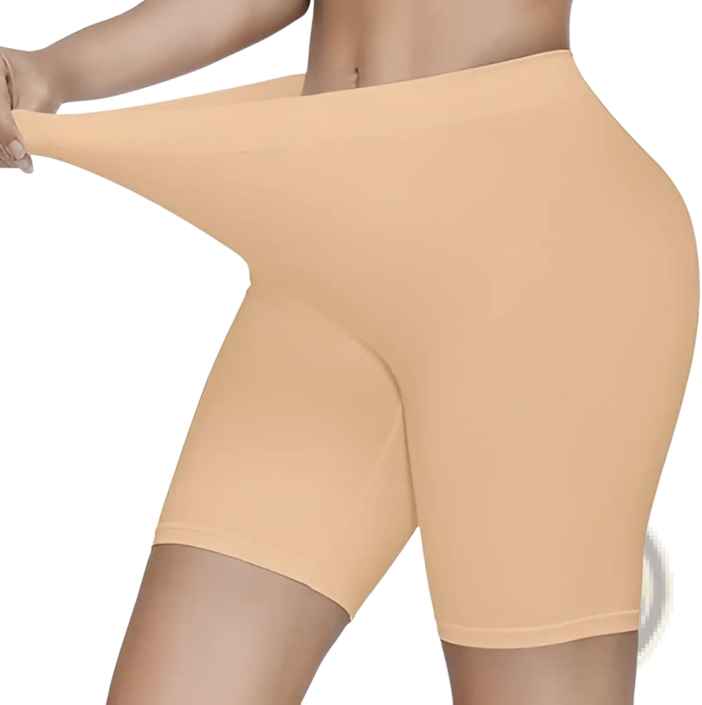 Beige seamless high waisted tummy control capri pants with stretchy smooth seamless bike shorts design