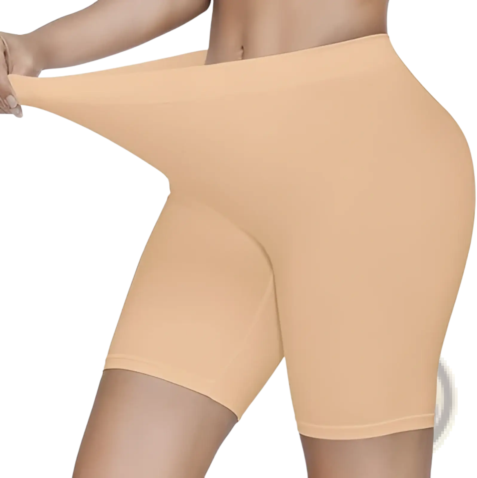 Beige seamless high waisted tummy control capri pants with stretchy smooth seamless bike shorts design