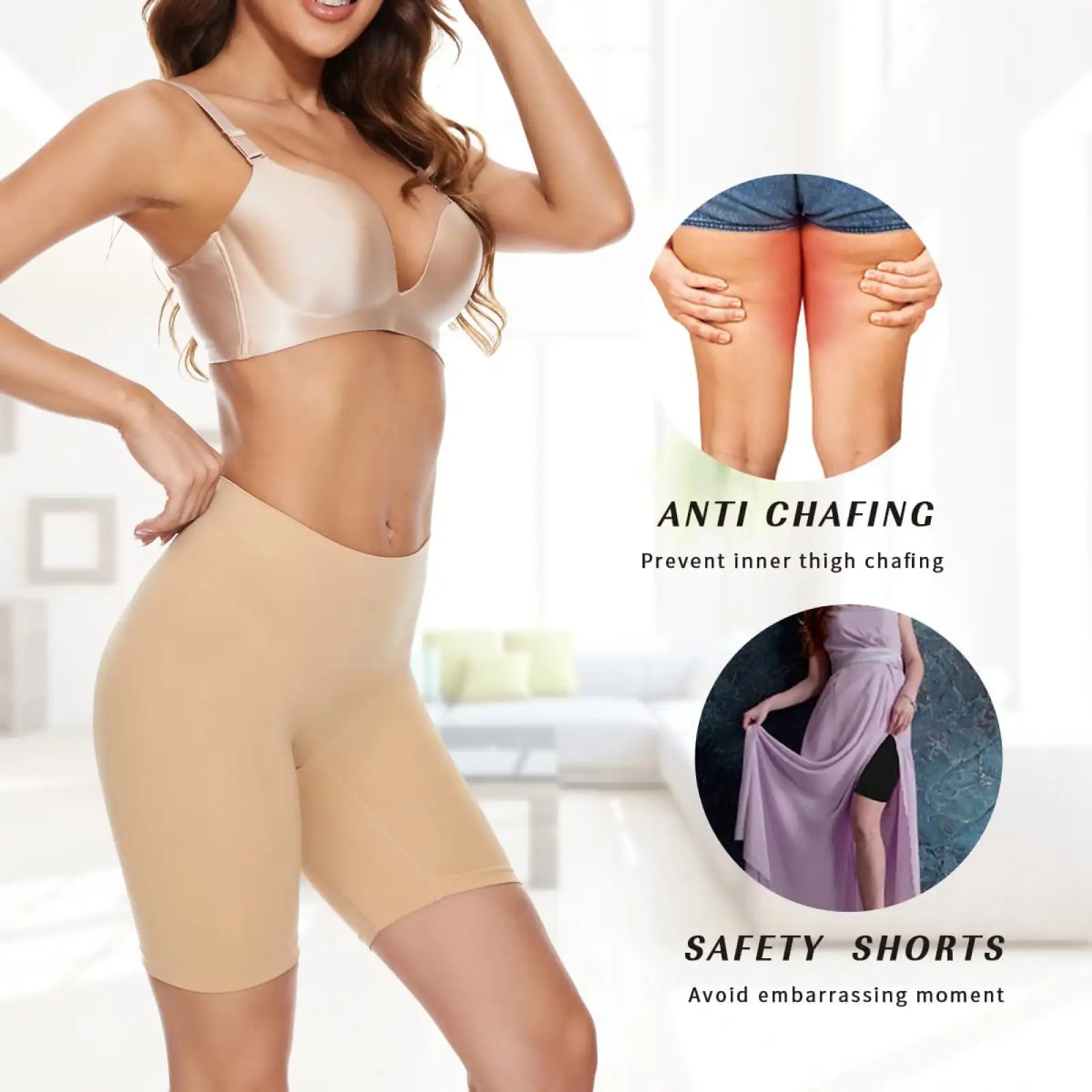Beige seamless high waisted tummy control capri pants with anti chafing safety shorts designed for comfort and support