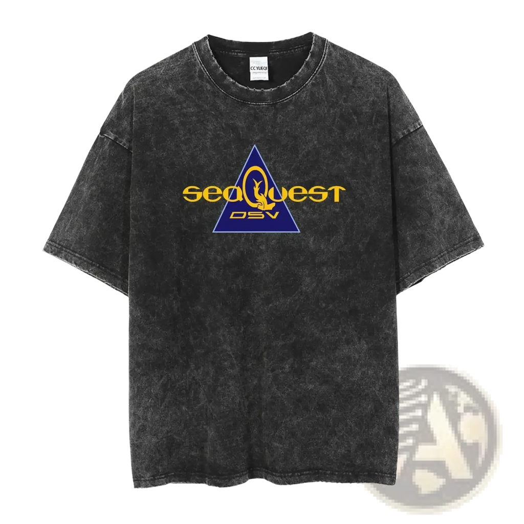 Black distressed cotton t-shirt with blue triangle graphic featuring yellow seoquest text and dsv in vintage style