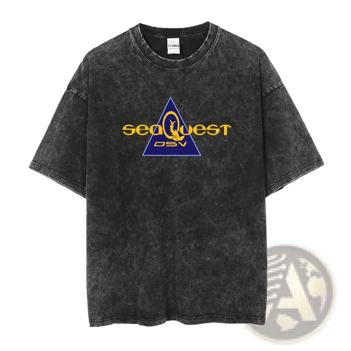 Black distressed cotton t-shirt with blue triangle graphic featuring yellow seoquest text and dsv in vintage style