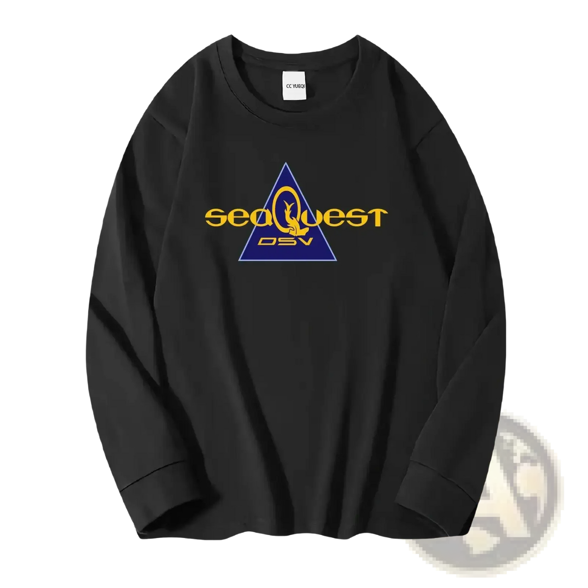 Black long-sleeved cotton crewneck sweatshirt with bold yellow and blue seaquest dsv logo and dolphin graphic
