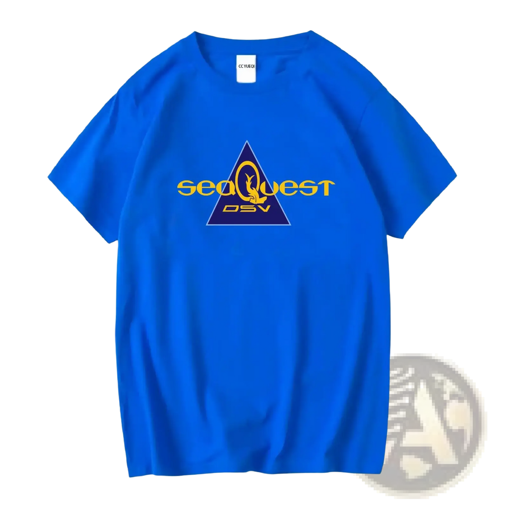 Bright blue cotton seaquest dsv vintage graphic t-shirt with gold logo inside dark purple triangle at center front