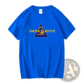 Bright blue cotton seaquest dsv vintage graphic t-shirt with gold logo inside dark purple triangle at center front