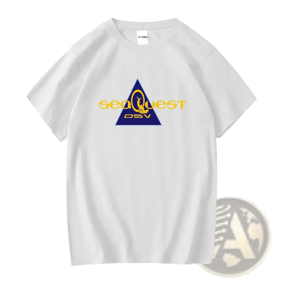 White cotton seaquest dsv vintage graphic t-shirt with yellow lettering and blue triangle featuring an orange stylized q