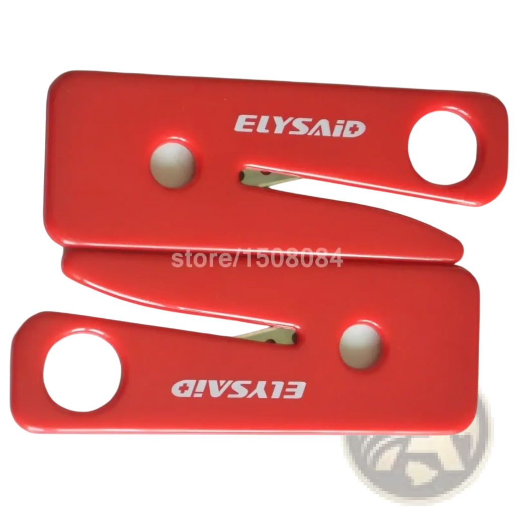 Red elysaid seat belt cutter with metallic blade and circular handles for emergency car window breaking five pieces set