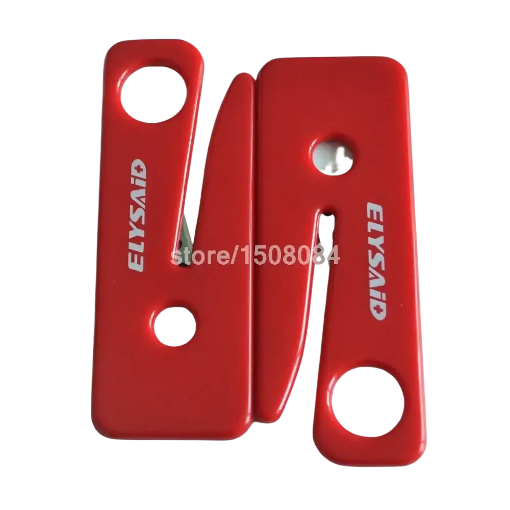 Red elysaid emergency seat belt cutter with glossy red plastic body and two circular holes for easy carrying use in cars