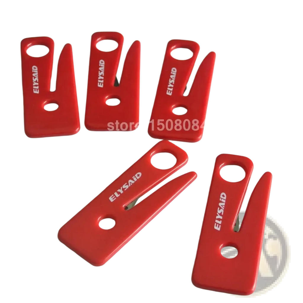 Red elysaid plastic seat belt cutter tools with v-shaped notch and two circular holes for emergency car window breaking