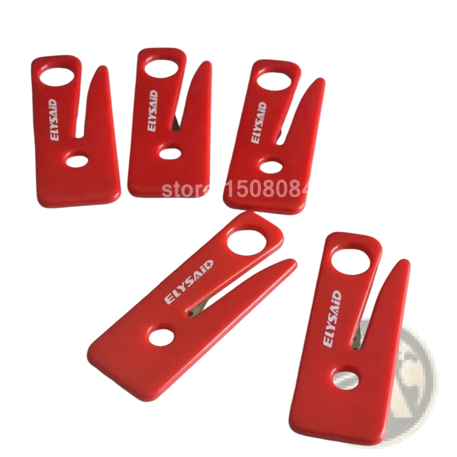Red elysaid plastic seat belt cutter tools with v-shaped notch and two circular holes for emergency car window breaking