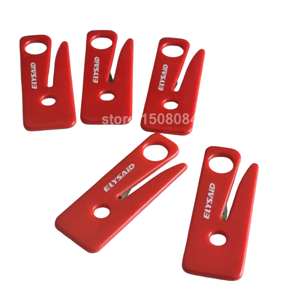 Red elysaid plastic seat belt cutter tools with v-shaped notch and two circular holes for emergency car window breaking