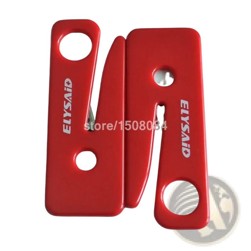 Red elysaid emergency seat belt cutter with glossy red plastic body and two circular holes for easy carrying use in cars