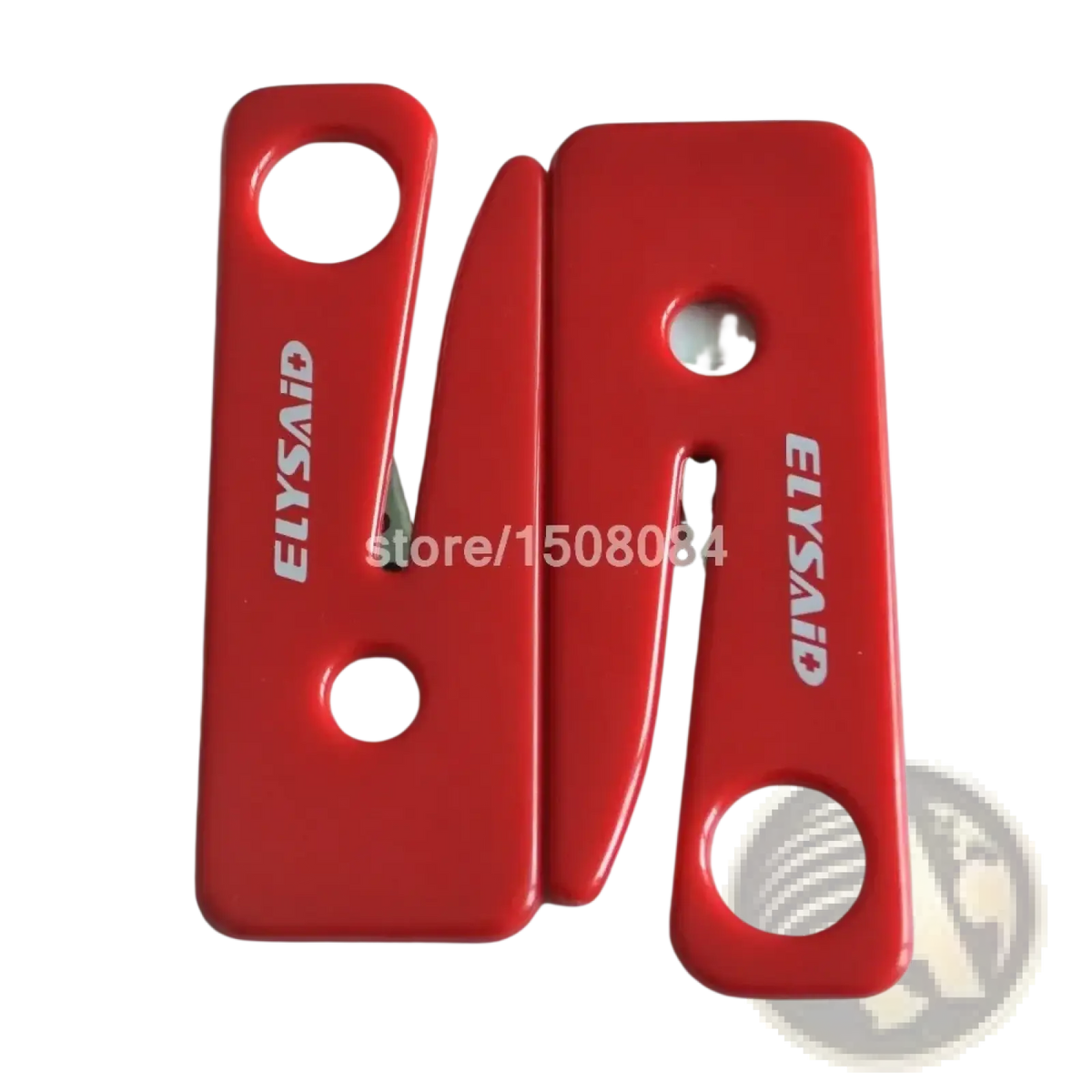 Red elysaid emergency seat belt cutter with glossy red plastic body and two circular holes for easy carrying use in cars