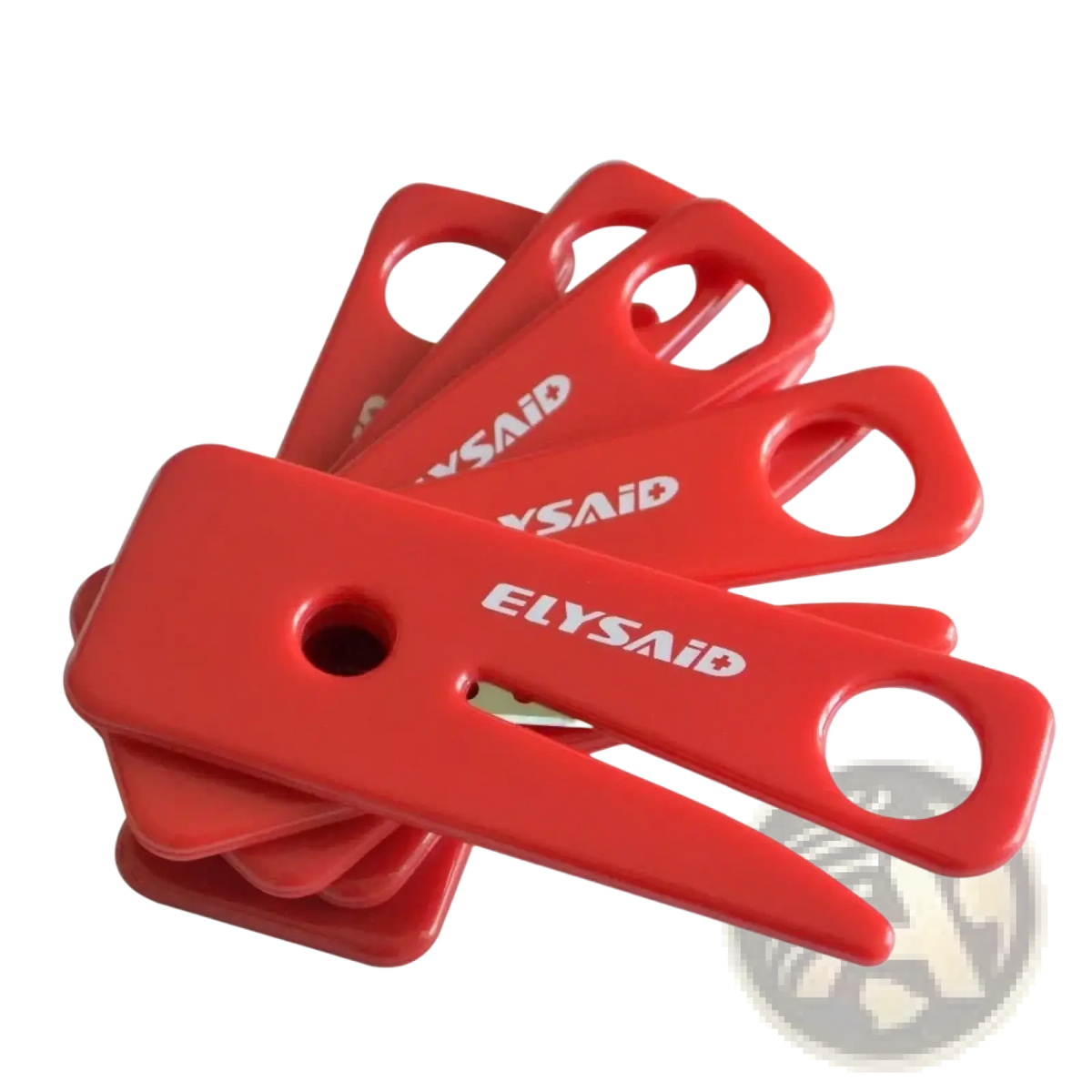Red plastic elysaid seat belt cutter and emergency car window breaker with rectangular handle and pointed tip five pieces